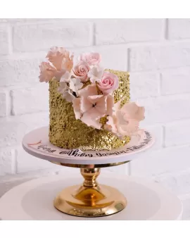 Gold Cake With Pink Flowers