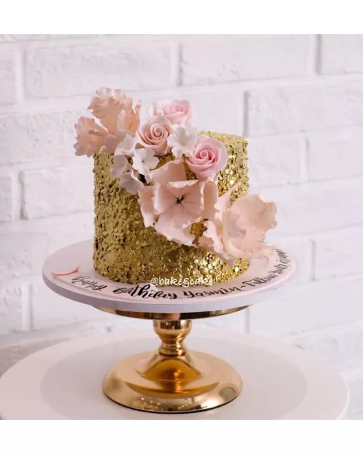 Gold Cake With Pink Flowers